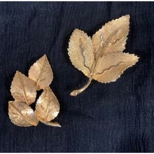 Vintage 50s Gold Tone Leaf Brooch Pins BSK Lot 2 Mid Century